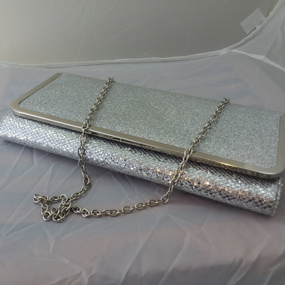 ALDO Silver Glitter Sparkly Clutch Purse w/Chain